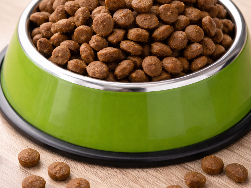 Grüner Futternapf mit Futter gefüllt